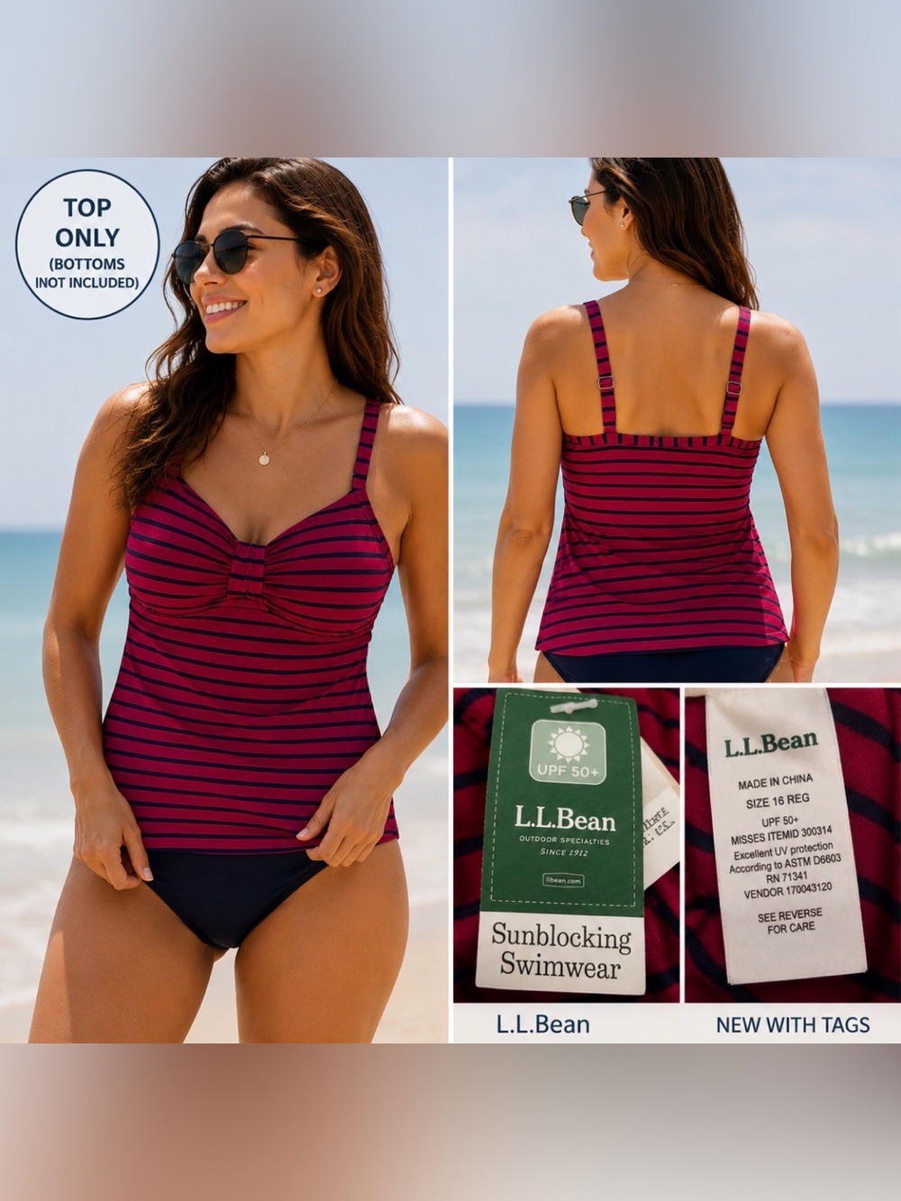 L.L.Bean Tankini Swim Top Womens 16 UPF 50+ Pink Blue Striped NWT Swimwear NEW